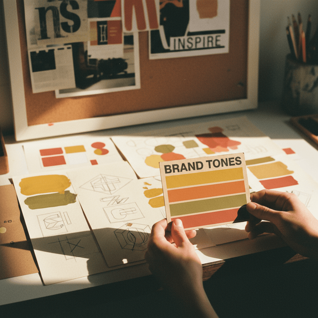 Designer working with brand color palettes and typography