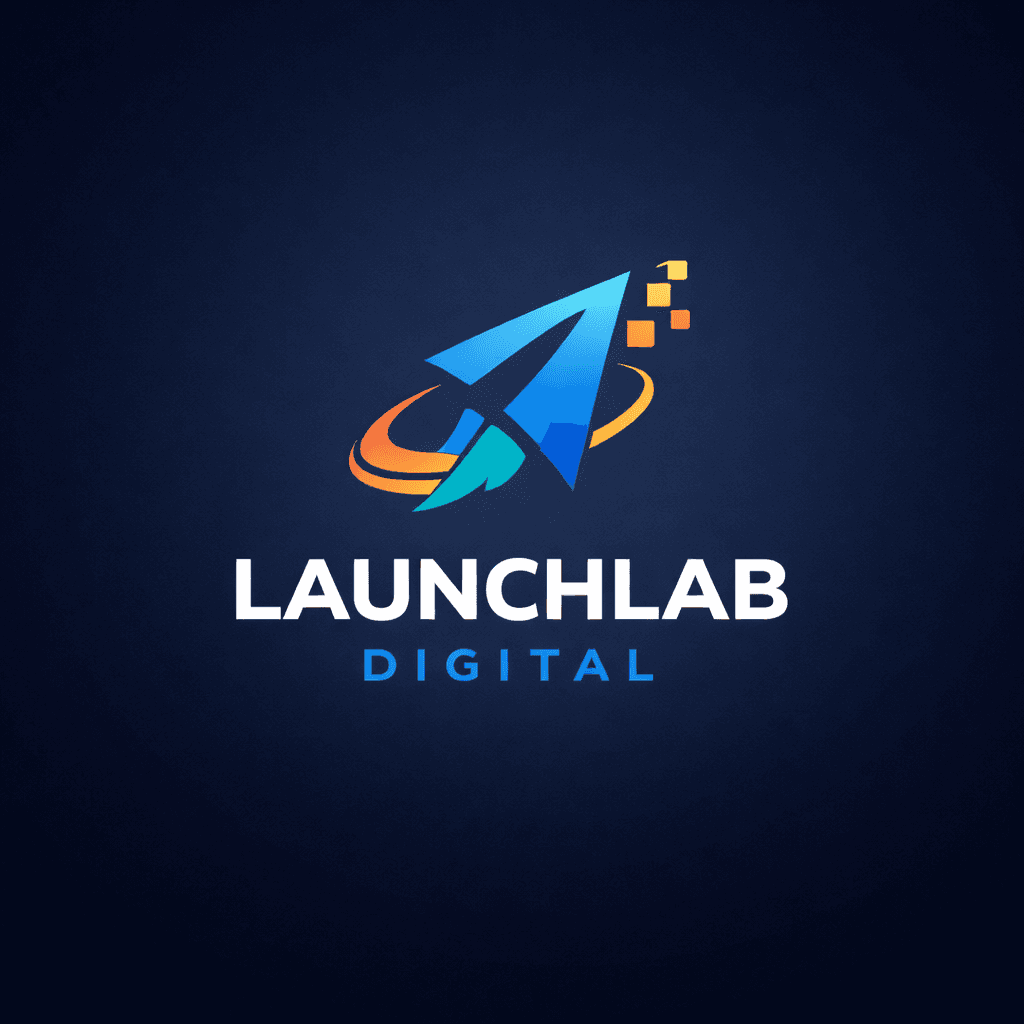 Launchlab Digital logo featuring a blue paper airplane icon with orange orbit and digital pixels.