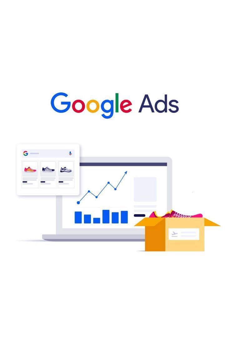 Google Ads logo above a laptop showing data charts, shoe listings, and a shipping box.