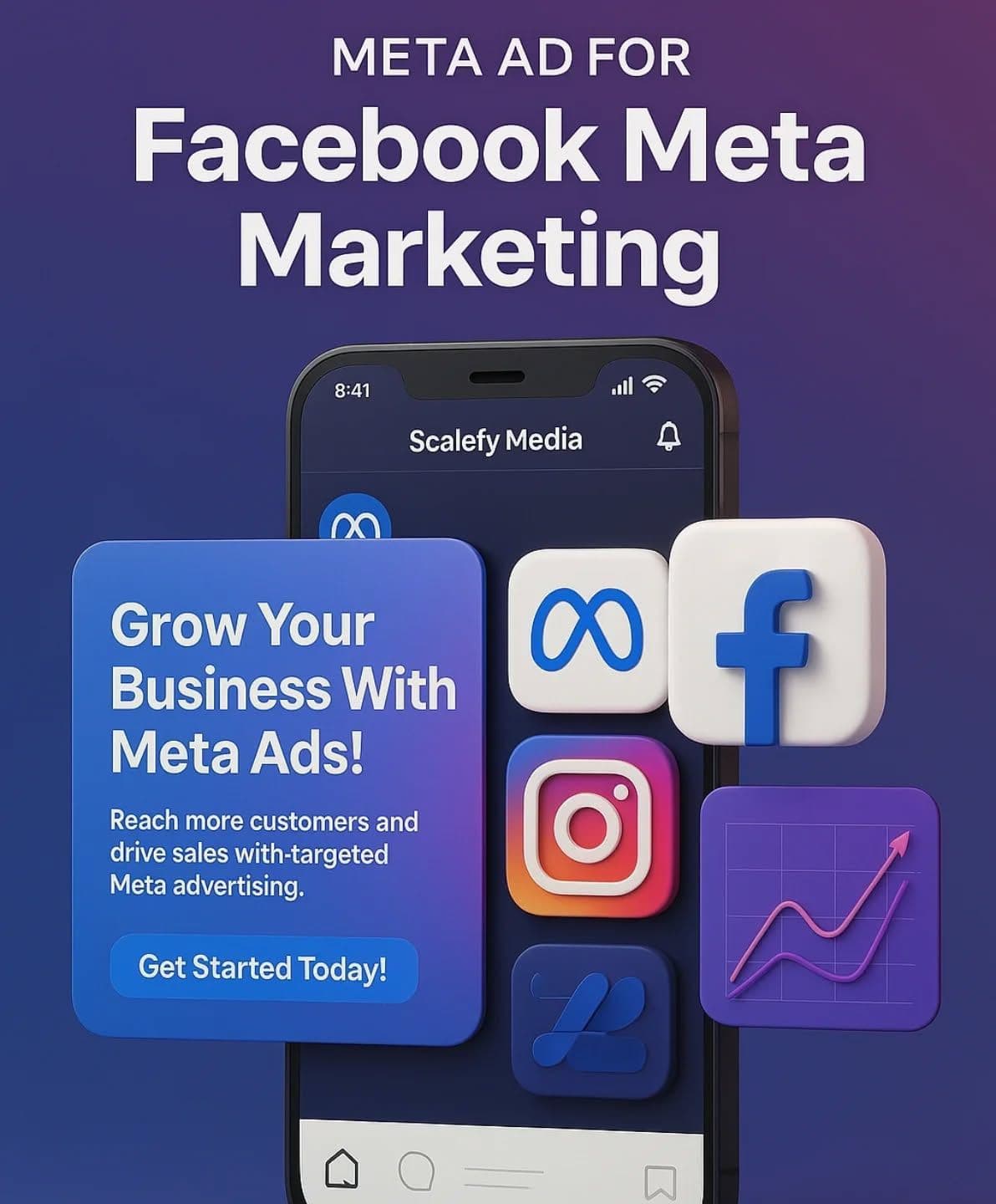 Facebook Meta Marketing advertisement featuring a smartphone, social media icons, and business growth graphics.